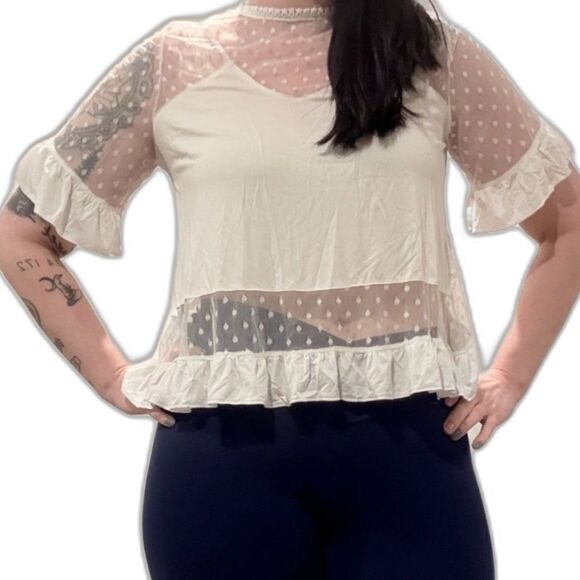 POL Cream Sheer Swiss Dot Lace Mesh Ruffle Boho Blouse Top Size S/M - Picture 2 of 3